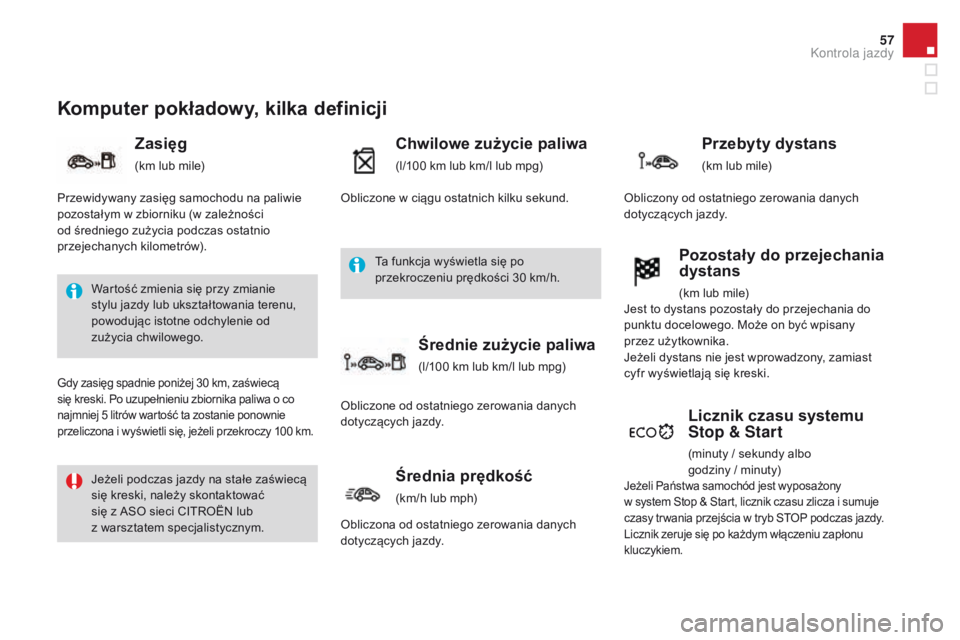 CITROEN DS3 CABRIO 2016  Instrukcja obsługi (in Polish) 57
DS3_pl_Chap01_controle-de-marche_ed01-2015
Komputer pokładowy, kilka definicji
Zasięg
(km lub mile)
Chwilowe zużycie paliwa
(l/100 km lub km/l lub mpg)
Licznik czasu systemu 
Stop & Start
(minut