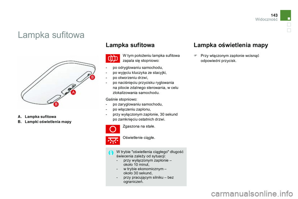 CITROEN DS3 CABRIO 2015 Instrukcja obsługi (in Polish) 143
Ds3_pl_ chap07_visibilite_ed01-2014
A. Lampka sufitowa
B. L
ampki oświetlenia mapy
Lampka sufitowa
W tym położeniu lampka sufitowa
zapala się stopniowo:
Lampka sufitowa
- po odryglowaniu samo CITROEN DS3 CABRIO 2015 Instrukcja obsługi (in Polish) 143
Ds3_pl_ chap07_visibilite_ed01-2014
A. Lampka sufitowa
B. L
ampki oświetlenia mapy
Lampka sufitowa
W tym położeniu lampka sufitowa
zapala się stopniowo:
Lampka sufitowa
- po odryglowaniu samo