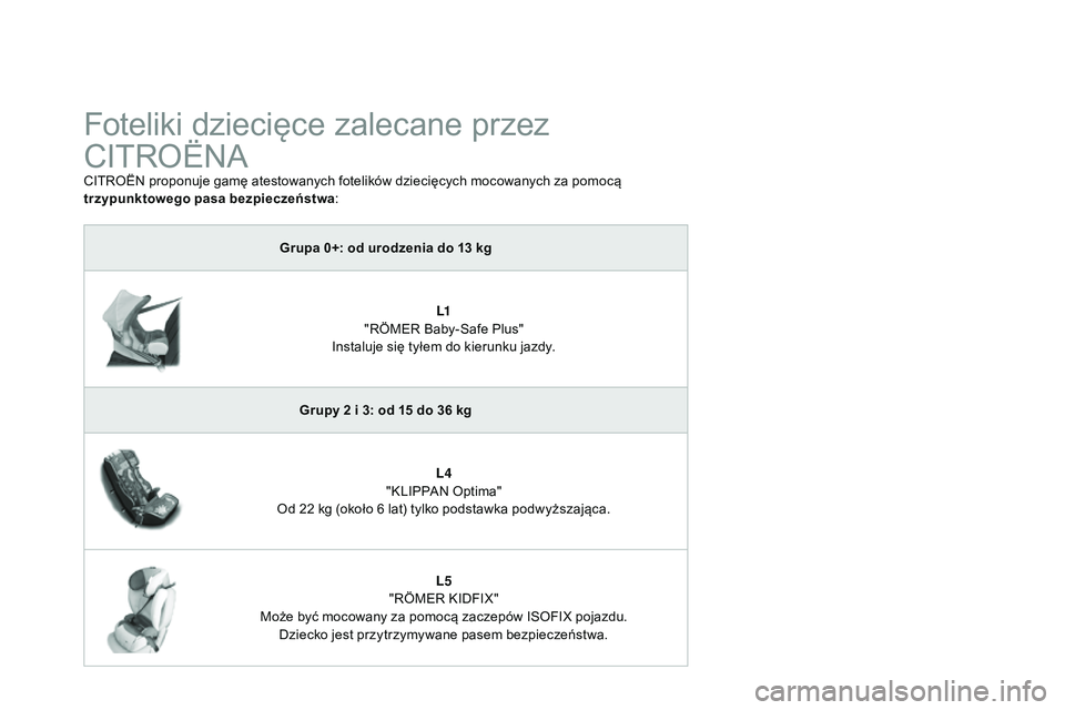 CITROEN DS3 CABRIO 2015 Instrukcja obsługi (in Polish) Ds3_pl_ chap09_securite-enfants_ed01-2014
Foteliki dziecięce zalecane przez
c
I tro
Ën
a
cItroËn proponuje gamę atestowanych fotelików dziecięcych mocowanych za pomocą
trzypunktowego pasa CITROEN DS3 CABRIO 2015 Instrukcja obsługi (in Polish) Ds3_pl_ chap09_securite-enfants_ed01-2014
Foteliki dziecięce zalecane przez
c
I tro
Ën
a
cItroËn proponuje gamę atestowanych fotelików dziecięcych mocowanych za pomocą
trzypunktowego pasa