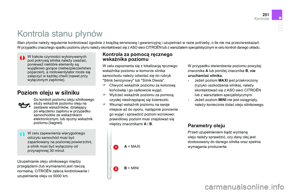 CITROEN DS3 CABRIO 2015  Instrukcja obsługi (in Polish) 251
Ds3_pl_ chap11_verifications_ed01-2014
kontrola stanu płynów
stan płynów należy regularnie kontrolować zgodnie z książką ser wisową i gwarancyjną i uzupełniać w razie potrzeby, o ile 