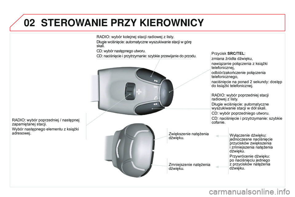 CITROEN DS3 CABRIO 2015  Instrukcja obsługi (in Polish) 02
Ds3_pl_chap13b_rt6-2-8_ed01-2014
raDIo: wybór poprzedniej / następnej 
zapamiętanej stacji.
W
ybór następnego elementu z książki 
adresowej. Przycisk SRC/TEL:
zmiana źródła dźwięku,
naw