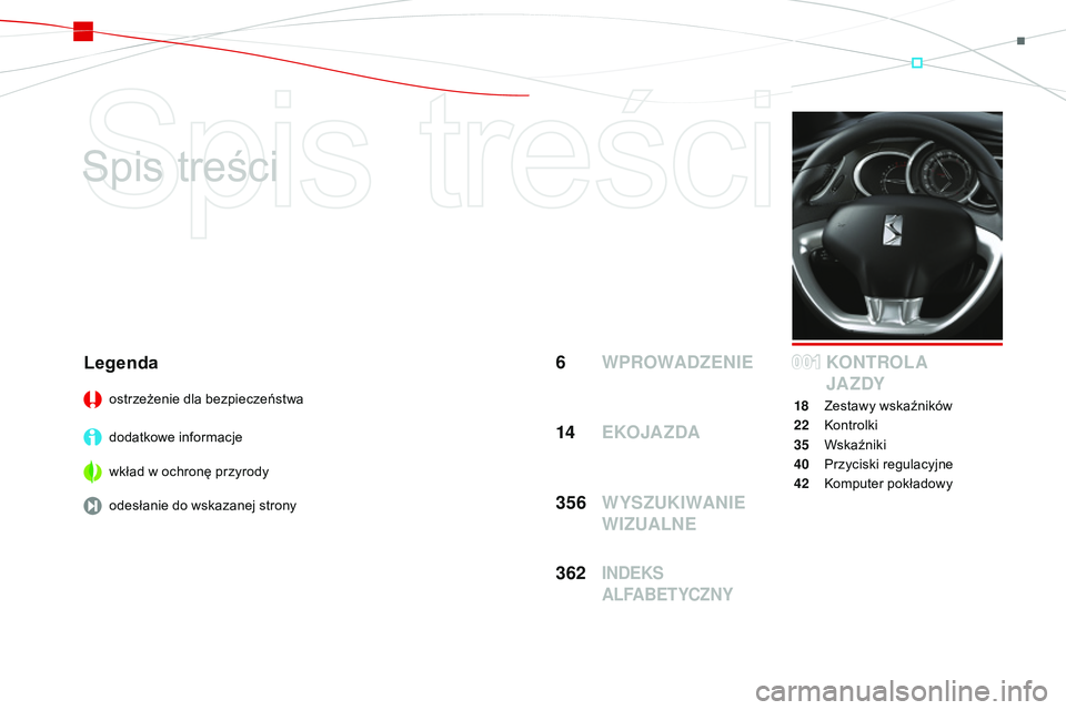 CITROEN DS3 CABRIO 2015  Instrukcja obsługi (in Polish) Ds3_pl_ chap00a_sommaire_ed01-2014
spis treści
WPROWADZENIE
6
 K ONTROLA  
JA ZDY
18 Zestawy wskaźników
22
 

k ontrolki
35
 W

skaźniki
40
 P

rzyciski regulacyjne
42
 

k
o
 mputer pokładowy
Le