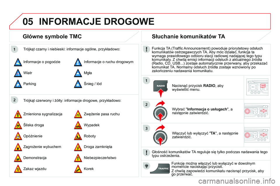 CITROEN DS3 CABRIO 2015  Instrukcja obsługi (in Polish) 05
Ds3_pl_chap13b_rt6-2-8_ed01-2014
Główne symbole TMC
trójkąt czerwony i żółty: informacje drogowe, przykładowo:
trójkąt czarny i niebieski: informacje ogólne, przykładowo:
Informacje o p