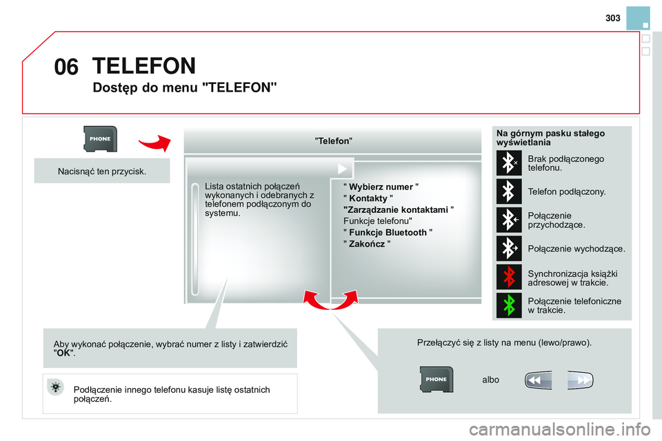 CITROEN DS3 CABRIO 2015  Instrukcja obsługi (in Polish) 06
303
Ds3_pl_chap13b_rt6-2-8_ed01-2014
Dostęp do menu "TELEFON"
"Telefon"" Wybierz numer "
" Kontakty "
"Zarządzanie kontaktami "
Funkcje telefonu"
"
