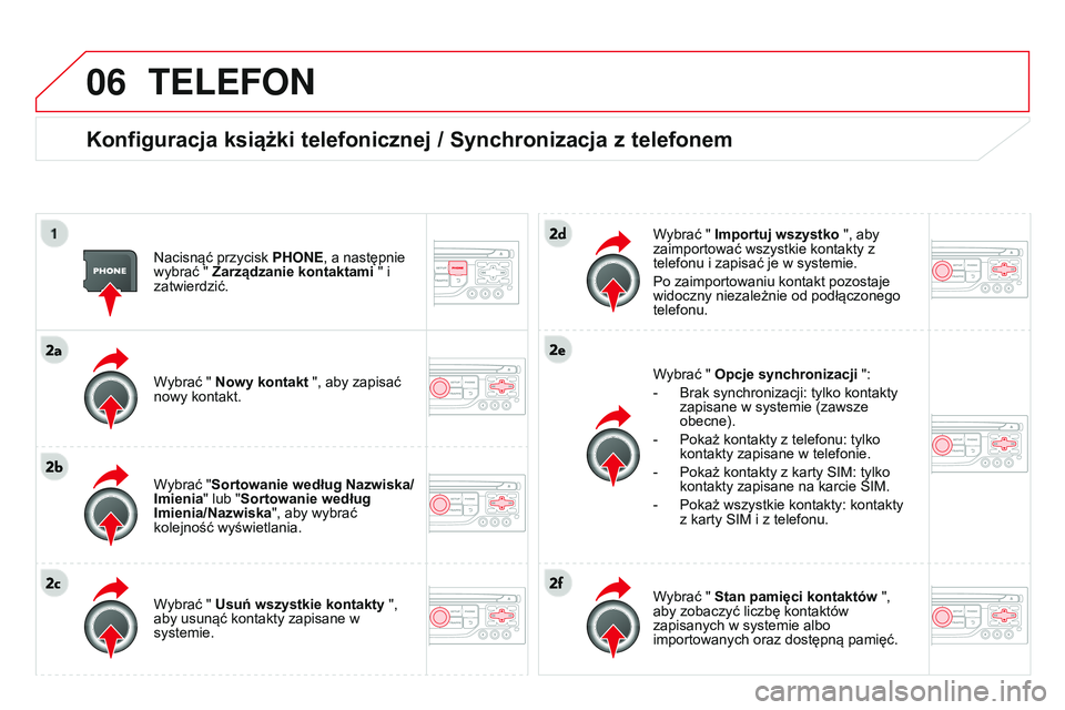 CITROEN DS3 CABRIO 2015  Instrukcja obsługi (in Polish) 06
Ds3_pl_chap13b_rt6-2-8_ed01-2014
TELEFON
Konfiguracja książki telefonicznej / Synchronizacja z telefonem
nacisnąć przycisk PHONE , a następnie 
wybrać " Zarządzanie kontaktami " i 
z