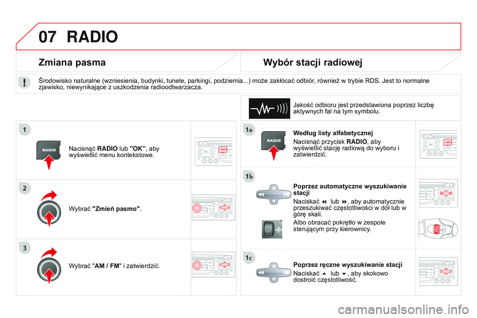 CITROEN DS3 CABRIO 2015  Instrukcja obsługi (in Polish) 07
Ds3_pl_chap13b_rt6-2-8_ed01-2014
Według listy alfabetycznej
n
acisnąć przycisk  RADIO, aby 
wyświetlić stację radiową do wyboru i 
zatwierdzić.
Poprzez automatyczne wyszukiwanie 
stacji
n

