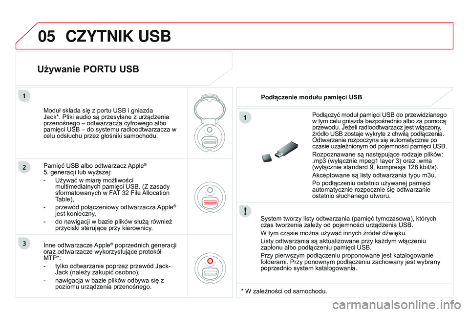 CITROEN DS3 CABRIO 2015  Instrukcja obsługi (in Polish) 05
DS3_pl_Chap13c_RD45_ed01_2014
CZYTNIK USB
system tworzy listy odtwarzania (pamięć tymczasowa), których 
czas tworzenia zależy od pojemności urządzenia  usb .
W tym czasie można używać inny