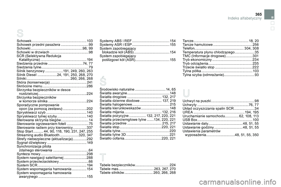 CITROEN DS3 CABRIO 2015 Instrukcja obsługi (in Polish) 365
Ds3_pl_ chap14_index-recherche_ed01-2014
Środowisko naturalne ............................... 1 4, 65
Światła awaryjne ........................................... 14
8
Światła drogowe
.... CITROEN DS3 CABRIO 2015 Instrukcja obsługi (in Polish) 365
Ds3_pl_ chap14_index-recherche_ed01-2014
Środowisko naturalne ............................... 1 4, 65
Światła awaryjne ........................................... 14
8
Światła drogowe
....