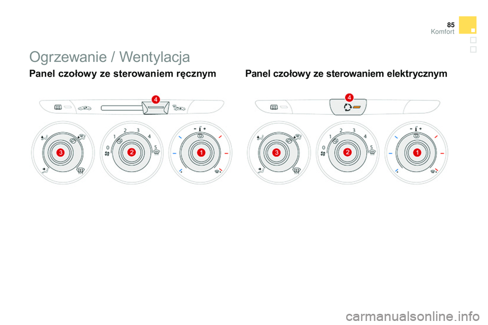 CITROEN DS3 CABRIO 2015 Instrukcja obsługi (in Polish) 85
Ds3_pl_c hap04_confort_ed01-2014
ogrzewanie / Wentylacja
Panel czołowy ze sterowaniem ręcznym Panel czołowy ze sterowaniem elektrycznym
Komfort CITROEN DS3 CABRIO 2015 Instrukcja obsługi (in Polish) 85
Ds3_pl_c hap04_confort_ed01-2014
ogrzewanie / Wentylacja
Panel czołowy ze sterowaniem ręcznym Panel czołowy ze sterowaniem elektrycznym
Komfort