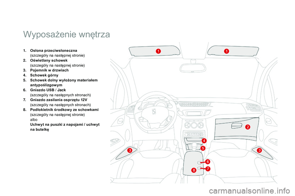 CITROEN DS3 CABRIO 2015 Instrukcja obsługi (in Polish) Ds3_pl_ chap05_amenagement_ed01-2014
Wyposażenie wnętrza
1. Osłona przeciwsłoneczna
(szczegóły na następnej stronie)
2.
O
świetlany schowek
(
szczegóły na następnej stronie)
3.
P
o CITROEN DS3 CABRIO 2015 Instrukcja obsługi (in Polish) Ds3_pl_ chap05_amenagement_ed01-2014
Wyposażenie wnętrza
1. Osłona przeciwsłoneczna
(szczegóły na następnej stronie)
2.
O
świetlany schowek
(
szczegóły na następnej stronie)
3.
P
o