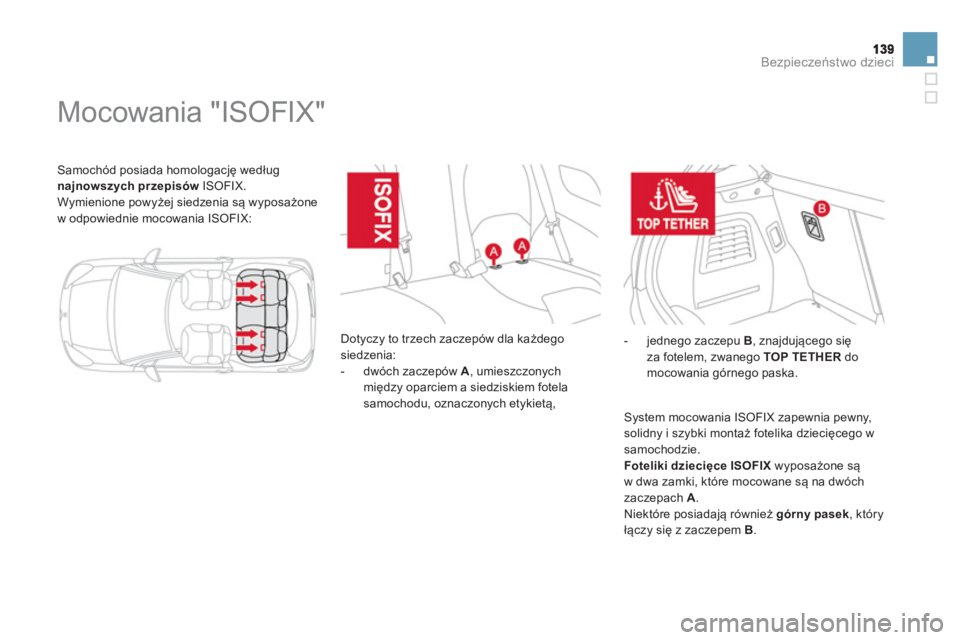 CITROEN DS3 CABRIO 2014  Instrukcja obsługi (in Polish) Bezpieczeństwo dzieci
 Samochód posiada homologację wedługnajnowszych przepisówISOFIX. 
  Wymienione powyżej siedzenia są wyposażone 
w odpowiednie mocowania ISOFIX:
   
 
 
 
 
 
 
 
 
 
 
 
