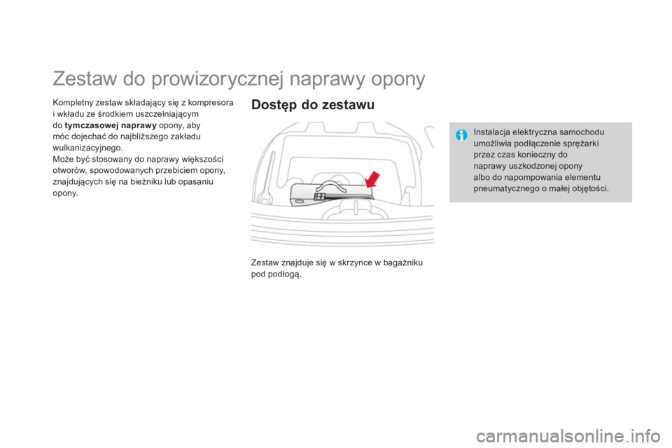 CITROEN DS3 CABRIO 2014  Instrukcja obsługi (in Polish)    
 
 
 
 
 
 
 
 
 
 
 
 
 
 
 
 
Zestaw do prowizorycznej naprawy opony 
Kompletny zestaw składający się z kompresora
i wkładu ze środkiem uszczelniającym do tymczasowej naprawy 
 opony, abym