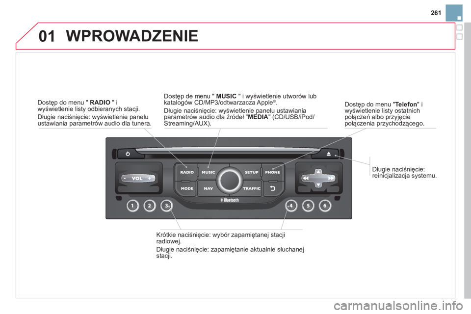 CITROEN DS3 CABRIO 2014  Instrukcja obsługi (in Polish) 261
01
   
Długie naciśnięcie: 
reinicjalizacja systemu.      
Dostęp do menu " Telefon"iwyświetlenie listy ostatnich 
połączeń albo przyjęcie
poł
ączenia przychodzącego.
 
WPROWADZENIE 
 