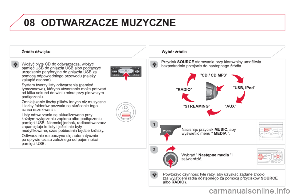 CITROEN DS3 CABRIO 2014  Instrukcja obsługi (in Polish) 08ODTWARZACZE MUZYCZNE 
   
Włoży�ü płytę CD do odtwarzacza, włoży�ü pamięć USB do gniazda USB albo podłączyć 
urządzenie peryferyjne do gniazda USB za pomocą odpowiedniego przewodu (na