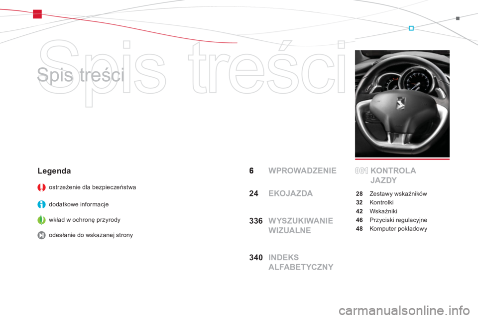 CITROEN DS3 CABRIO 2014  Instrukcja obsługi (in Polish)   Spis treści 
   
Spis treści  
 WPROWADZENIE KONTROLA 
JA ZDY
28 Zestawy wskaźników
32 Kontrolki
42 Wskaźniki
46 Przyciski regulacyjne
48 Komputer pokładowy
Legenda 
ostrzeżenie dla bezpiecze