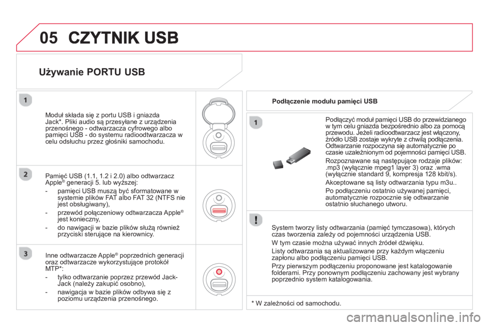 CITROEN DS3 CABRIO 2014 Instrukcja obsługi (in Polish) 05
System tworzy listy odtwarzania (pamięć tymczasowa), którychczas tworzenia zależy od pojemności urządzenia USB.
W t
ym czasie można używać innych źródeł dźwięku.
List
y odtwar CITROEN DS3 CABRIO 2014 Instrukcja obsługi (in Polish) 05
System tworzy listy odtwarzania (pamięć tymczasowa), którychczas tworzenia zależy od pojemności urządzenia USB.
W t
ym czasie można używać innych źródeł dźwięku.
List
y odtwar