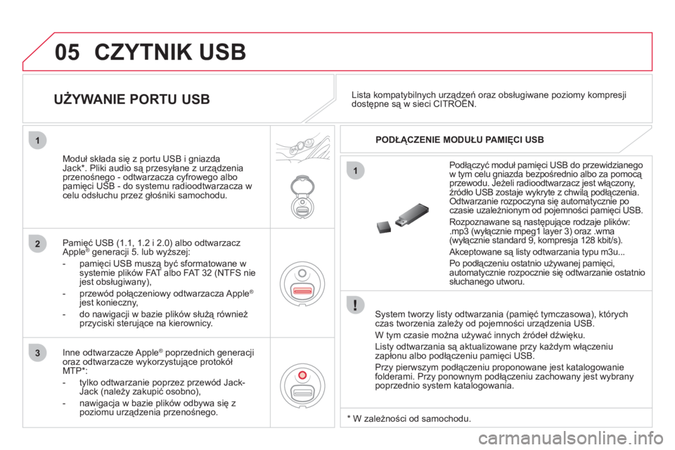 CITROEN DS3 CABRIO 2013 Instrukcja obsługi (in Polish) 05
1
1
2
3
CZYTNIK USB
System tworzy listy odtwarzania (pamięć tymczasowa), którychczas tworzenia zależy od pojemności urządzenia USB.
W tym czasie można używać innych źródeł dźwię CITROEN DS3 CABRIO 2013 Instrukcja obsługi (in Polish) 05
1
1
2
3
CZYTNIK USB
System tworzy listy odtwarzania (pamięć tymczasowa), którychczas tworzenia zależy od pojemności urządzenia USB.
W tym czasie można używać innych źródeł dźwię