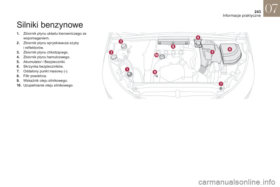 CITROEN DS4 2017 Instrukcja obsługi (in Polish) 243
DS4_pl_Chap07_info-pratiques_ed01-2016
Silniki benzynowe
1. Zbiornik płynu układu kierowniczego ze wspomaganiem.
2.
Z
biornik płynu spryskiwacza szyby
i
reflektorów.
3.
Z
biornik płynu CITROEN DS4 2017 Instrukcja obsługi (in Polish) 243
DS4_pl_Chap07_info-pratiques_ed01-2016
Silniki benzynowe
1. Zbiornik płynu układu kierowniczego ze wspomaganiem.
2.
Z
biornik płynu spryskiwacza szyby
i
reflektorów.
3.
Z
biornik płynu