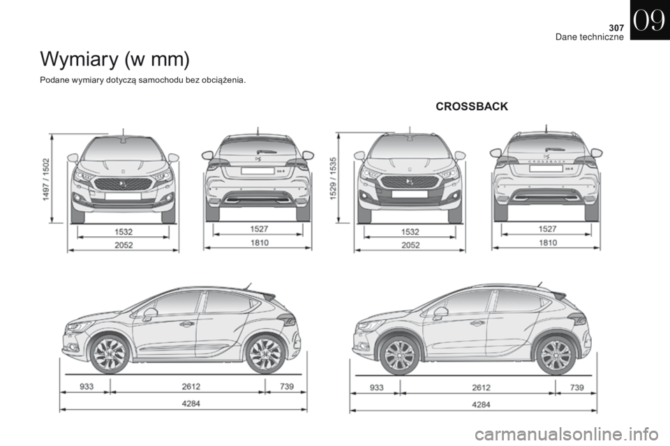 CITROEN DS4 2017 Instrukcja obsługi (in Polish) 307
DS4_pl_Chap09_caracteristiques_ed01-2016
Wymiary (w mm)
Podane wymiary dotyczą samochodu bez obciążenia.
CROSSBACK
09
D CITROEN DS4 2017 Instrukcja obsługi (in Polish) 307
DS4_pl_Chap09_caracteristiques_ed01-2016
Wymiary (w mm)
Podane wymiary dotyczą samochodu bez obciążenia.
CROSSBACK
09
D