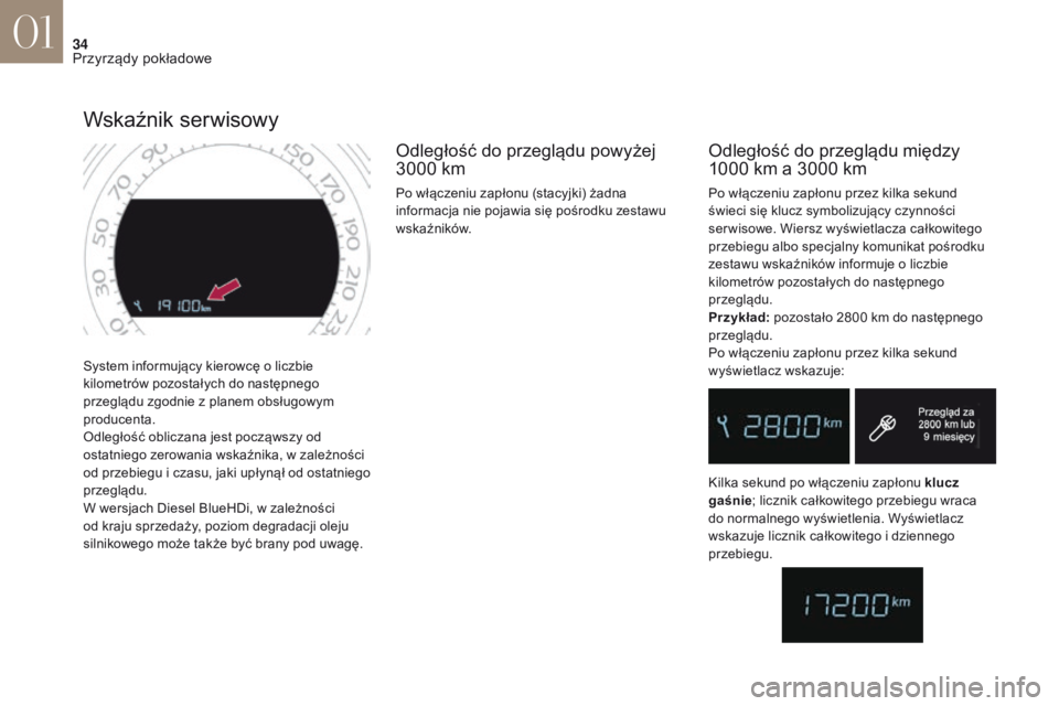 CITROEN DS4 2017 Instrukcja obsługi (in Polish) 34
DS4_pl_Chap01_instruments-de-bord_ed01-2016
System informujÄ…cy kierowcÄ™ o liczbie
k ilometrów pozostałych do następnego
przeglÄ…du zgodnie z
planem obsługowym
producenta.
Odległość ob CITROEN DS4 2017 Instrukcja obsługi (in Polish) 34
DS4_pl_Chap01_instruments-de-bord_ed01-2016
System informujÄ…cy kierowcÄ™ o liczbie
k ilometrów pozostałych do następnego
przeglÄ…du zgodnie z
planem obsługowym
producenta.
Odległość ob