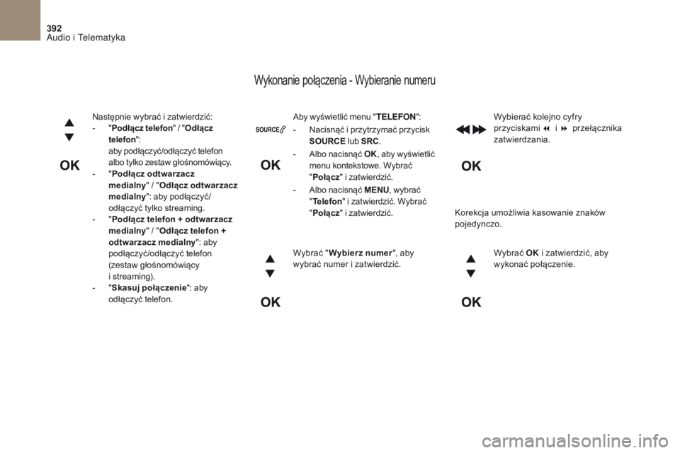 CITROEN DS4 2017 Instrukcja obsługi (in Polish) 392
DS4_ pl _Chap10c _ RD5 _ed01-2016
Aby wyświetlić menu "TELEFON":
-
N
acisnąć i przytrzymać przycisk
SOURCE lub SRC.
-
A
lbo nacisnąć OK , aby wyświetlić
menu kontekstowe. CITROEN DS4 2017 Instrukcja obsługi (in Polish) 392
DS4_ pl _Chap10c _ RD5 _ed01-2016
Aby wyświetlić menu "TELEFON":
-
N
acisnąć i przytrzymać przycisk
SOURCE lub SRC.
-
A
lbo nacisnąć OK , aby wyświetlić
menu kontekstowe.