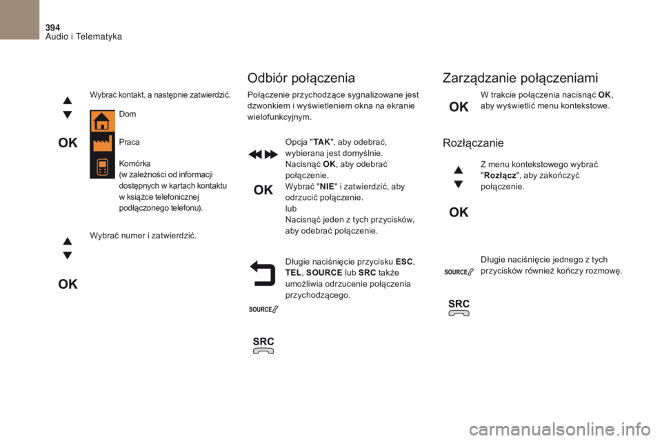 CITROEN DS4 2017 Instrukcja obsługi (in Polish) 394
DS4_ pl _Chap10c _ RD5 _ed01-2016
W trakcie połączenia nacisnąć OK,
aby wyświetlić menu kontekstowe.
Długie naciśnięcie przycisku ESC ,
TEL , SOURCE lub SRC także
umożliwia odrzucen CITROEN DS4 2017 Instrukcja obsługi (in Polish) 394
DS4_ pl _Chap10c _ RD5 _ed01-2016
W trakcie połączenia nacisnąć OK,
aby wyświetlić menu kontekstowe.
Długie naciśnięcie przycisku ESC ,
TEL , SOURCE lub SRC także
umożliwia odrzucen