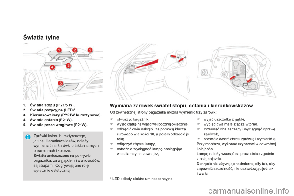 CITROEN DS4 2016 Instrukcja obsługi (in Polish) DS4_pl_Chap09_info-pratiques_ed03-2015
1. Światła stopu (P 21/5 W).
2. Ś wiatła pozycyjne (LED)*.
3.
K
ierunkowskazy (PY21W bursztynowe).
4.
Åš
wiatła cofania (P21W).
5.
Åš
wiatła prz CITROEN DS4 2016 Instrukcja obsługi (in Polish) DS4_pl_Chap09_info-pratiques_ed03-2015
1. Światła stopu (P 21/5 W).
2. Ś wiatła pozycyjne (LED)*.
3.
K
ierunkowskazy (PY21W bursztynowe).
4.
Åš
wiatła cofania (P21W).
5.
Åš
wiatła prz