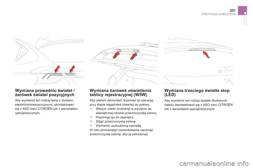 CITROEN DS4 2016 Instrukcja obsługi (in Polish) 251
DS4_pl_Chap09_info-pratiques_ed03-2015
Wymiana prowadnic świateł /
żarówek świateł pozycyjnychWymiana żarówek oświetlenia
tablicy rejestracyjnej (W5W)Wymiana trzeciego światła stop
( CITROEN DS4 2016 Instrukcja obsługi (in Polish) 251
DS4_pl_Chap09_info-pratiques_ed03-2015
Wymiana prowadnic świateł /
żarówek świateł pozycyjnychWymiana żarówek oświetlenia
tablicy rejestracyjnej (W5W)Wymiana trzeciego światła stop
(