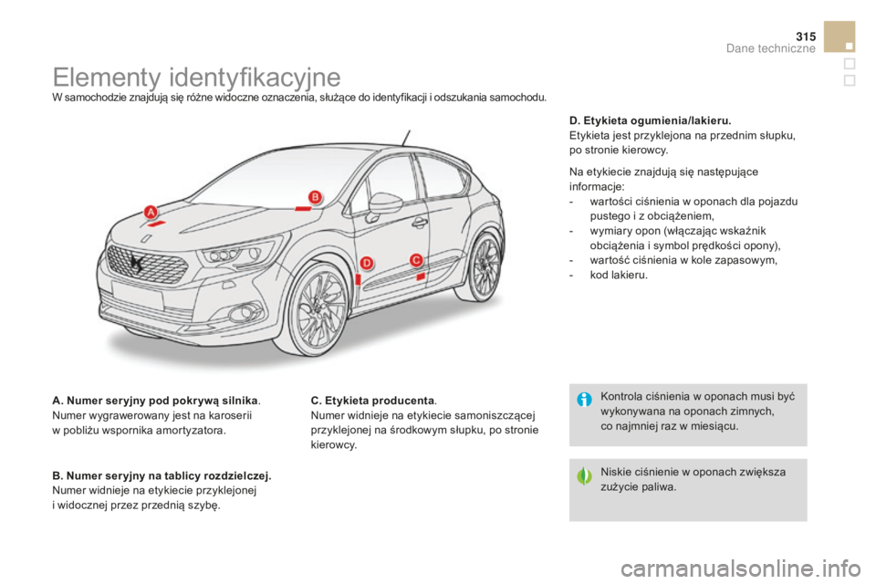 CITROEN DS4 2016 Instrukcja obsługi (in Polish) 315
DS4_pl_Chap11_caracteristiques_ed03-2015
Elementy identyfikacyjneW samochodzie znajdują się różne widoczne oznaczenia, służące do identyfikacji i odszukania samochodu.
A. Numer ser yjny pod CITROEN DS4 2016 Instrukcja obsługi (in Polish) 315
DS4_pl_Chap11_caracteristiques_ed03-2015
Elementy identyfikacyjneW samochodzie znajdują się różne widoczne oznaczenia, służące do identyfikacji i odszukania samochodu.
A. Numer ser yjny pod