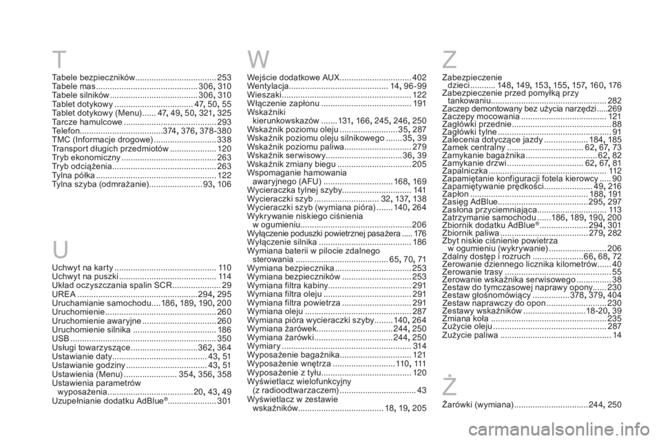 CITROEN DS4 2016  Instrukcja obsługi (in Polish) DS4_pl_Chap13_index-alpha_ed03-2015
TWZ
ż
U
Uchwyt na karty ............................................ 11 0
Uchwyt na puszki  ............................... ...........114
Układ oczyszczania spal