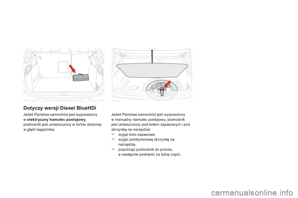 CITROEN DS4 2015  Instrukcja obsługi (in Polish) DS4_pl_Chap10_info-pratiques_ed02-2015
Dotyczy wersji Diesel BlueHDi
Jeżeli Państwa samochód jest wyposażony 
w manualny hamulec postojowy, podnośnik 
jest umieszczony pod kołem zapasowym i pod 