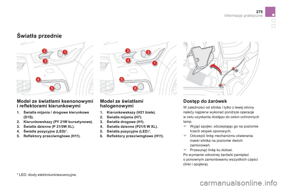 CITROEN DS4 2015  Instrukcja obsługi (in Polish) 275
DS4_pl_Chap10_info-pratiques_ed02-2015
Model ze światłami ksenonowymi 
i reflektorami kierunkowymi
1. Światła mijania / drogowe kierunkowe (D1S).
2.
 K

ierunkowskazy (PY 21W bursztynowe).
3.
