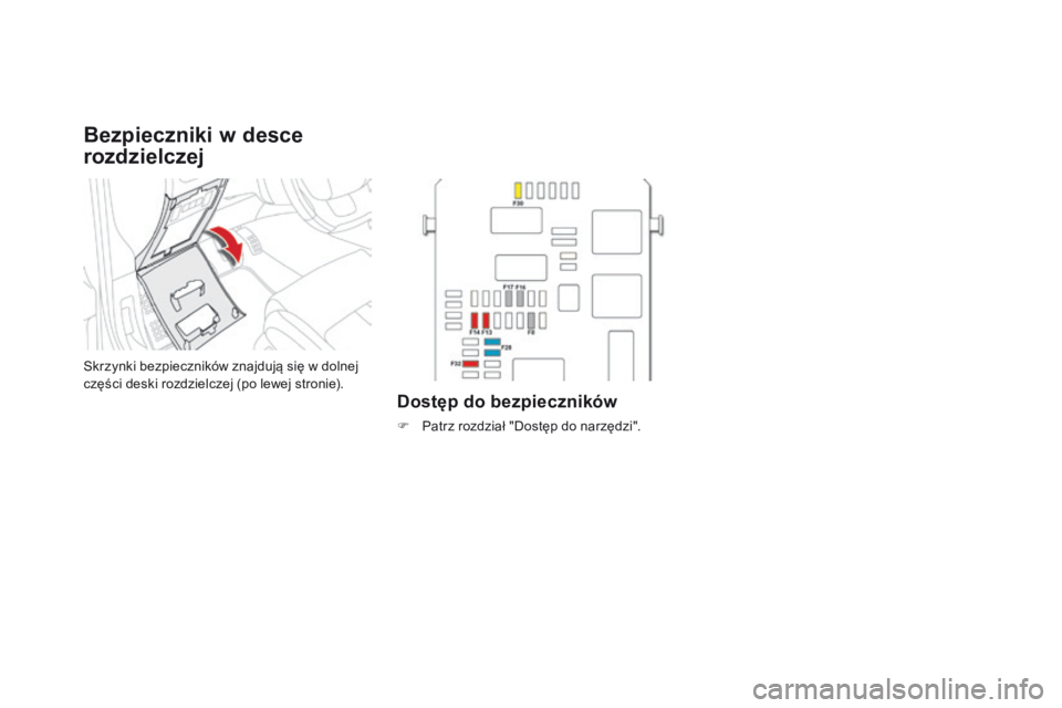 CITROEN DS4 2015  Instrukcja obsługi (in Polish) DS4_pl_Chap10_info-pratiques_ed02-2015
Bezpieczniki w desce 
rozdzielczej
Skrzynki bezpieczników znajdują się w dolnej 
części deski rozdzielczej (po lewej stronie).
Dostęp do bezpieczników
F P