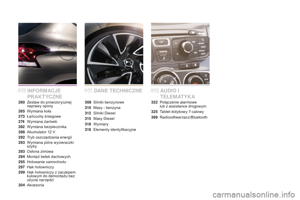 CITROEN DS4 2015 Instrukcja obsługi (in Polish) DS4_pl_Chap00a_sommaire_ed02-2015
INFORMACJE
PR AK T YCZNEDANE TECHNICZNE
AUDIO I
T E L E M AT Y K A
260 Zestaw do prowizorycznej naprawy opony
265
W
ymiana koła
273
Ł
ańcuchy śniegowe
2 CITROEN DS4 2015 Instrukcja obsługi (in Polish) DS4_pl_Chap00a_sommaire_ed02-2015
INFORMACJE
PR AK T YCZNEDANE TECHNICZNE
AUDIO I
T E L E M AT Y K A
260 Zestaw do prowizorycznej naprawy opony
265
W
ymiana koła
273
Ł
ańcuchy śniegowe
2