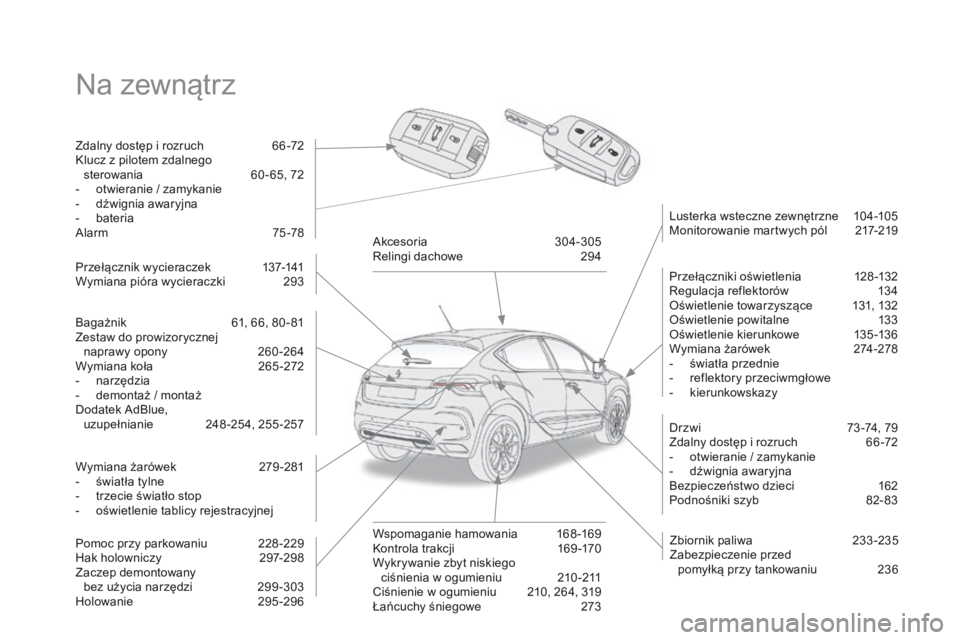 CITROEN DS4 2015  Instrukcja obsługi (in Polish) DS4_pl_Chap00b_vue-ensemble_ed02-2015
Na zewnątrz
Zdalny dostęp i rozruch 66 -72
Klucz z pilotem zdalnego  sterowania
 
6
 0 - 65, 72
-
 
o
 twieranie / zamykanie
-
 
d
 źwignia awaryjna
-
 b

ater