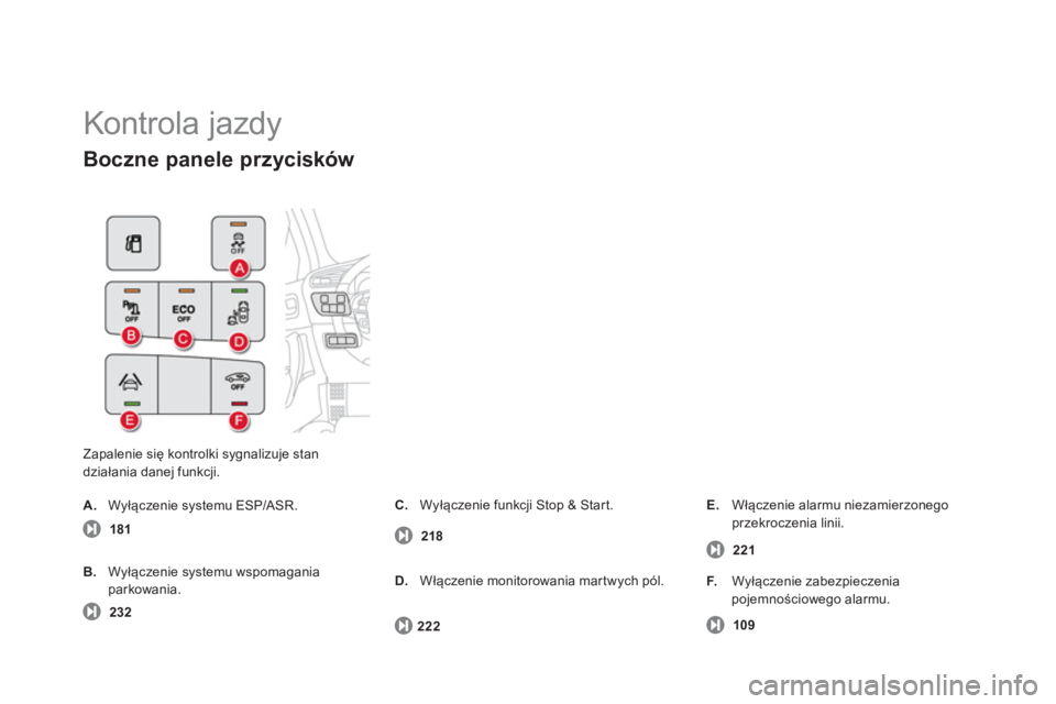 CITROEN DS4 2014  Instrukcja obsługi (in Polish)   Kontrola jazdy 
 
Zapalenie się kontrolki sygnalizuje stan 
działania danej funkcji. 
 
 
Boczne panele przycisków 
  181 
 
   
B. 
 Wyłączenie systemu wspomagania 
parkowania.  
  232 
    
C