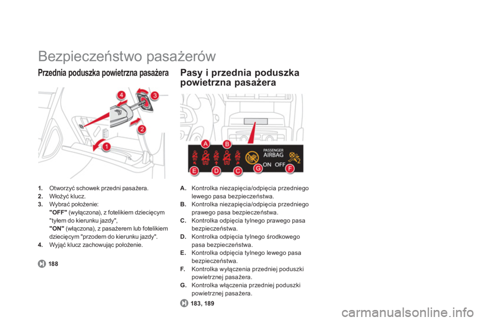 CITROEN DS4 2014  Instrukcja obsługi (in Polish)   Bezpieczeństwo pasażerów 
 
 
 
1. 
 Otworzyć schowek przedni pasażera. 
   
2. 
 Włożyć klucz. 
   
3. 
 Wybrać położenie:  
  "OFF" 
 (wyłączona), z fotelikiem dziecięcym 
"tyłem do