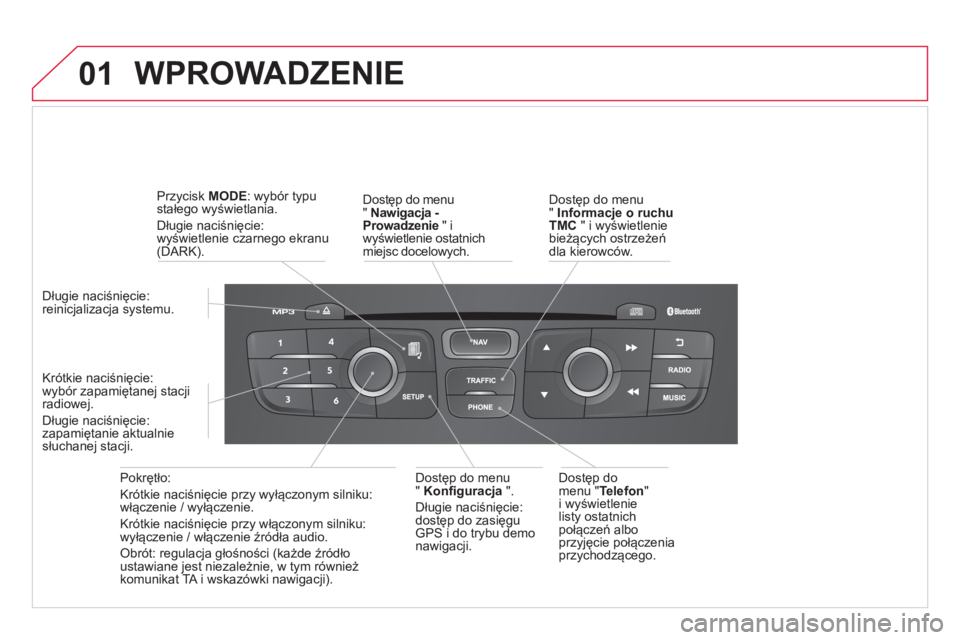 CITROEN DS4 2014 Instrukcja obsługi (in Polish) 01 WPROWADZENIE
Dostęp do menu
" Nawigacja -
Prowadzenie
" i
wyświetlenie ostatnich
miejsc docelowych.
Pokrętło:
Krótkie naciśnięcie przy wyłączonym silniku:
włączeni CITROEN DS4 2014 Instrukcja obsługi (in Polish) 01 WPROWADZENIE
Dostęp do menu
" Nawigacja -
Prowadzenie
" i
wyświetlenie ostatnich
miejsc docelowych.
Pokrętło:
Krótkie naciśnięcie przy wyłączonym silniku:
włączeni