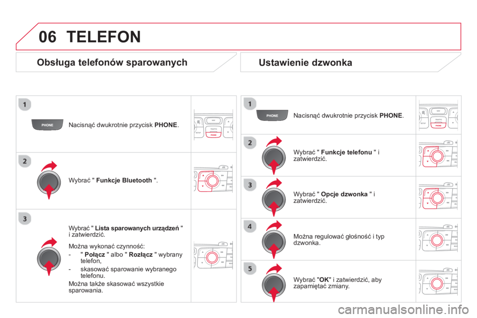 CITROEN DS4 2014 Instrukcja obsługi (in Polish) 06
Nacisnąć dwukrotnie przycisk PHONE
.
Wybrać " Lista sparowanych urządzeń
"
i zatwierdzić.
Można wykonać czynność:
- " Połącz
" albo " Rozłącz
" wyb CITROEN DS4 2014 Instrukcja obsługi (in Polish) 06
Nacisnąć dwukrotnie przycisk PHONE
.
Wybrać " Lista sparowanych urządzeń
"
i zatwierdzić.
Można wykonać czynność:
- " Połącz
" albo " Rozłącz
" wyb