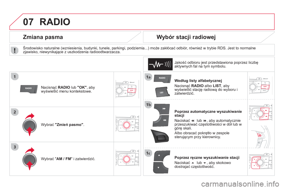 CITROEN DS4 2014 Instrukcja obsługi (in Polish) 07 RADIO
Według listy alfabetycznej
Nacisnąć RADIO
albo LIST
, aby
wyświetlić stację radiową do wyboru i
zatwierdzić.
Poprzez automatyczne wyszukiwanie
stacji
Naciska CITROEN DS4 2014 Instrukcja obsługi (in Polish) 07 RADIO
Według listy alfabetycznej
Nacisnąć RADIO
albo LIST
, aby
wyświetlić stację radiową do wyboru i
zatwierdzić.
Poprzez automatyczne wyszukiwanie
stacji
Naciska