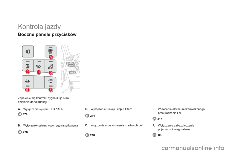 CITROEN DS4 2013  Instrukcja obsługi (in Polish)   Kontrola jazdy 
Zapalenie się kontrolki sygnalizuje stan 
działania danej funkcji.
Boczne panele przycisków 
 
179
B.Wyłączenie systemu wspomagania parkowania.
 
228
C. 
 Wyłączenie funkcji S