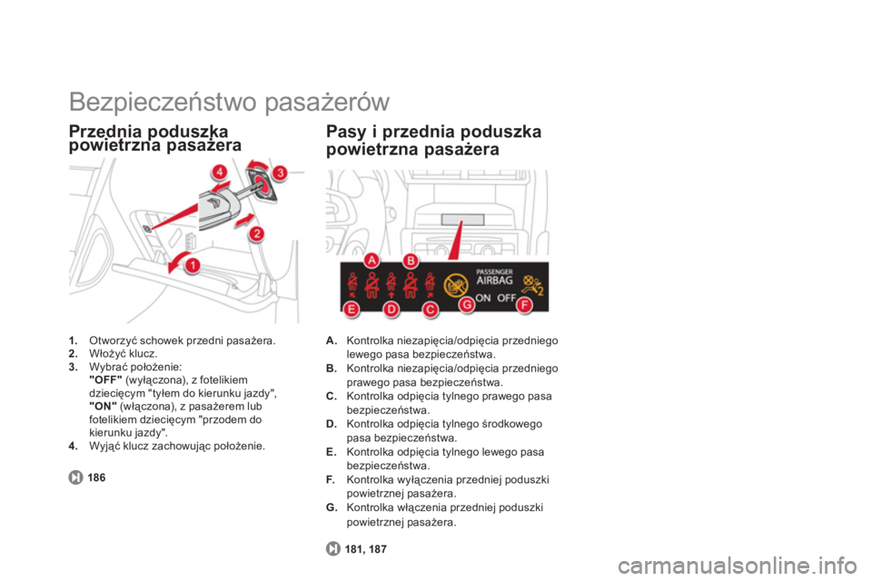 CITROEN DS4 2013  Instrukcja obsługi (in Polish)   Bezpieczeństwo pasażerów 
1. 
 Otworzyć schowek przedni pasażera. 2. 
 Włożyć klucz.3.Wybrać położenie:  
"OFF" 
 (wyłączona), z fotelikiem 
dziecięcym "tyłem do kierunku jazdy",  
"O