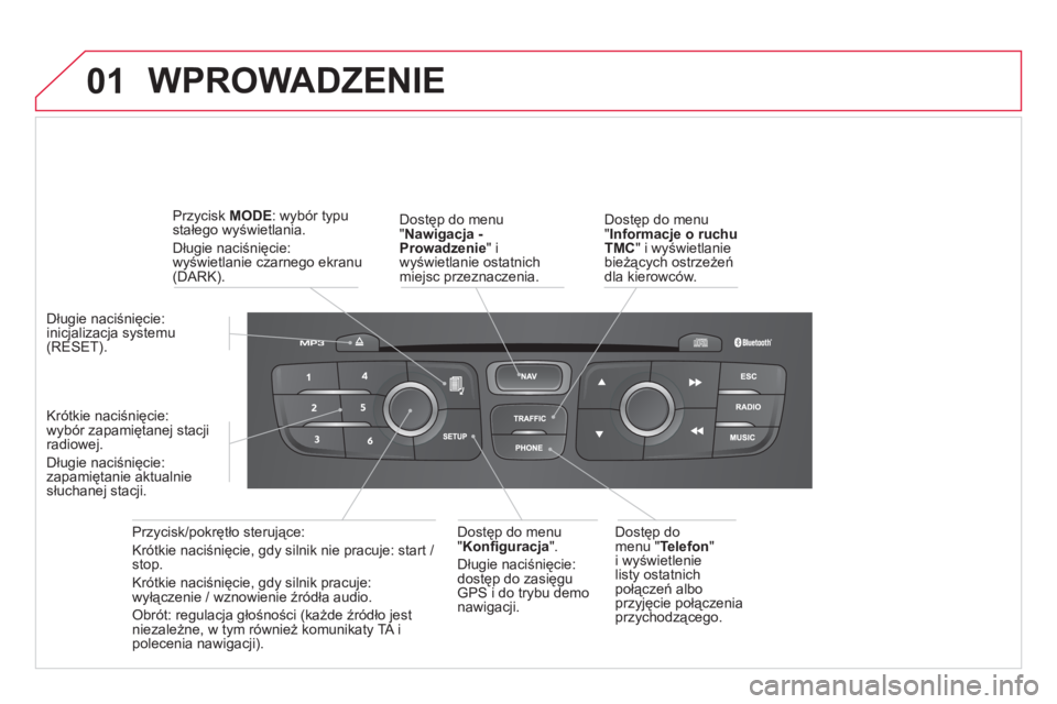CITROEN DS4 2013 Instrukcja obsługi (in Polish) 01 WPROWADZENIE
Dostęp do menu "Nawigacja -Prowadzenie"iwyświetlanie ostatnichmiejsc przeznaczenia.
Przycisk
/pokrętło sterujące:
Krótkie naciśnięcie, gdy silnik nie pracuje: start
/
s CITROEN DS4 2013 Instrukcja obsługi (in Polish) 01 WPROWADZENIE
Dostęp do menu "Nawigacja -Prowadzenie"iwyświetlanie ostatnichmiejsc przeznaczenia.
Przycisk
/pokrętło sterujące:
Krótkie naciśnięcie, gdy silnik nie pracuje: start
/
s