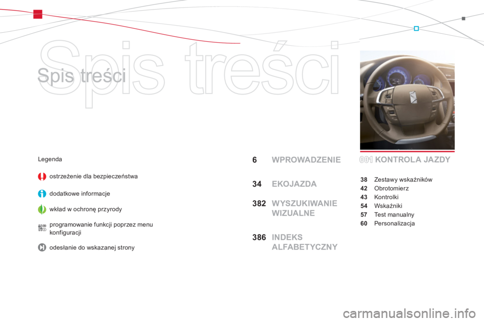 CITROEN DS4 2013  Instrukcja obsługi (in Polish)   Spis treści 
   
Spis treści  
6 WPROWADZENIE
34EKOJAZDA
3
82  WYSZUKIWANIE 
WIZUALNE
38
6  INDEKS 
ALFABETYCZNYKONTROL A JA ZDY
38 Zestawy wskaźnik