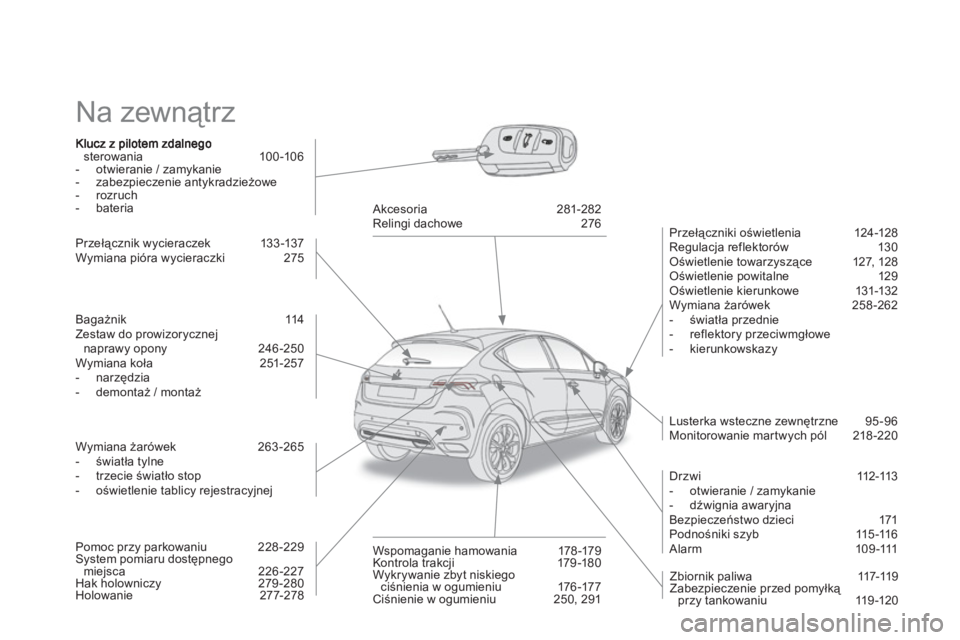 CITROEN DS4 2013  Instrukcja obsługi (in Polish)   Na zewnątrz  
sterowania 100-106 
-  otwieranie / zamykanie
-  zabezpieczenie antykradzieżowe
-  rozruch 
-  bateria 
 
 
   
Przełączniki oświetlenia 124-128
  Re
gulacja reflektorów 130
 Oś