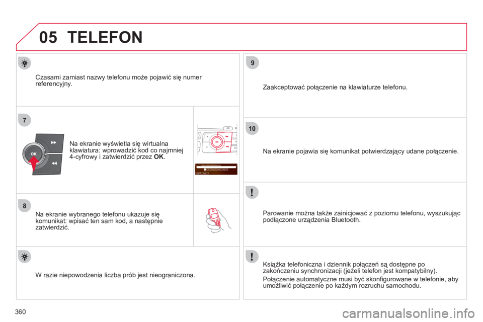 CITROEN DS4 2011 Instrukcja obsługi (in Polish) 360
05
7
8
Saisir code authentification
01
OK Del23456789 _
9
10
TELEFON
Na ekranie wyświetla się wirtualnaklawiatura: wprowadzić kod co najmniej4-cyfrowy i zatwierdzić przez OK .
Na ekranie CITROEN DS4 2011 Instrukcja obsługi (in Polish) 360
05
7
8
Saisir code authentification
01
OK Del23456789 _
9
10
TELEFON
Na ekranie wyświetla się wirtualnaklawiatura: wprowadzić kod co najmniej4-cyfrowy i zatwierdzić przez OK .
Na ekranie