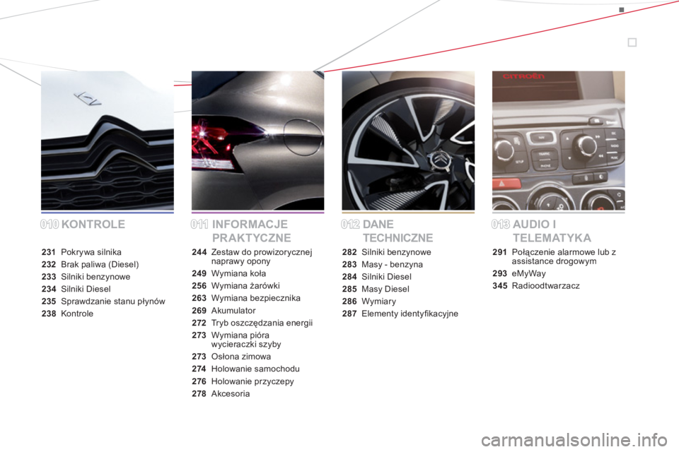 CITROEN DS4 2011  Instrukcja obsługi (in Polish) KONTROLE INFORMACJE 
PR AKTYCZNEDANE  
TECHNICZNEAUDIO I 
TELEMATYKA
231Pokrywa silnika
232 Brak paliwa (Diesel)
233 Silniki benzynowe
234Silniki Diesel
235Sprawdzanie stanu płynów
238 Kontrole
244 