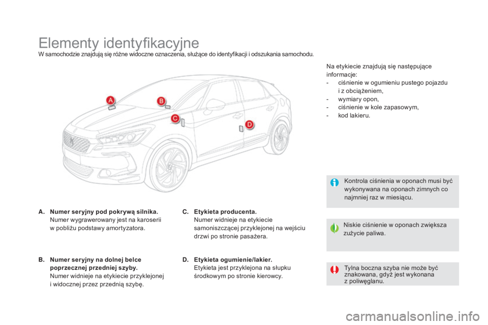 CITROEN DS5 2016 Instrukcja obsługi (in Polish) DS5_pl_Chap10_caracteristiques_ed02-2015
Elementy identyfikacyjneW samochodzie znajdują się różne widoczne oznaczenia, służące do identyfikacji i odszukania samochodu.
A. Numer ser yjny pod pok CITROEN DS5 2016 Instrukcja obsługi (in Polish) DS5_pl_Chap10_caracteristiques_ed02-2015
Elementy identyfikacyjneW samochodzie znajdują się różne widoczne oznaczenia, służące do identyfikacji i odszukania samochodu.
A. Numer ser yjny pod pok