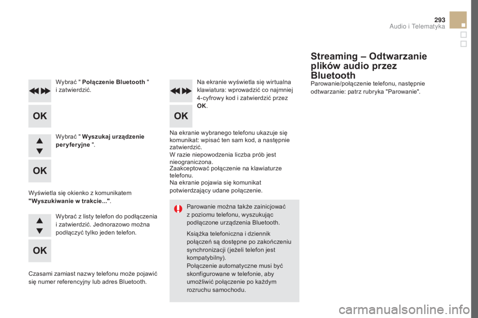 CITROEN DS5 2016 Instrukcja obsługi (in Polish) 293
DS5_pl_Chap11d_RD5_ed02-2015
Parowanie można także zainicjować
z poziomu telefonu, wyszukujÄ…c
podłączone urządzenia Bluetooth.
Książka telefoniczna i
d
ziennik
połączeÅ„ sÄ… dostÄ CITROEN DS5 2016 Instrukcja obsÅ‚ugi (in Polish) 293
DS5_pl_Chap11d_RD5_ed02-2015
Parowanie można także zainicjować
z poziomu telefonu, wyszukujÄ…c
podłączone urządzenia Bluetooth.
Książka telefoniczna i
d
ziennik
połączeÅ„ sÄ… dostÄ