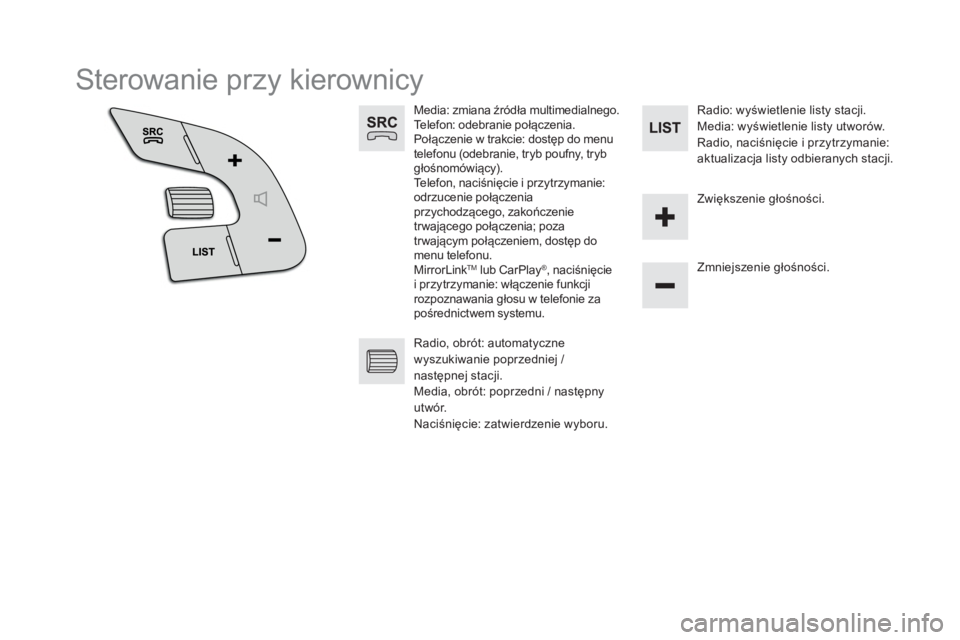 CITROEN DS5 2016 Instrukcja obsługi (in Polish) Sterowanie przy kierownicy
Media: zmiana źródła multimedialnego.
Telefon: odebranie połączenia.
Połączenie w trakcie: dostęp do menu
telefonu (odebranie, tryb poufny, t CITROEN DS5 2016 Instrukcja obsługi (in Polish) Sterowanie przy kierownicy
Media: zmiana źródła multimedialnego.
Telefon: odebranie połączenia.
Połączenie w trakcie: dostęp do menu
telefonu (odebranie, tryb poufny, t